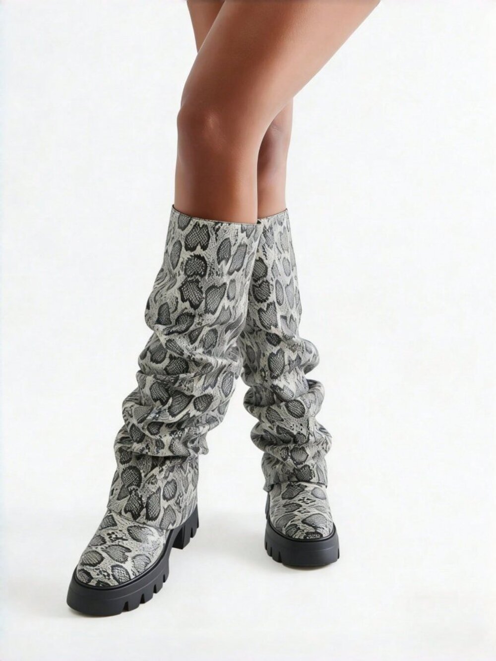 Snakeskin Women's Platform Slouchy Knee High Slip-On Boots - Picture 9 of 10